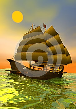 Oriental junk by sunset - 3D render