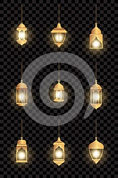 Oriental lamps. Arab lanterns hang on gold chains. Isolated realistic decorative lighting. Ramadan vector banner. Illustration