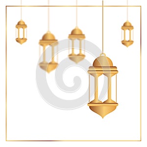 Oriental lamps. Arab lanterns hang on gold chains. Isolated realistic decorative lighting. Ramadan vector banner. Illustration