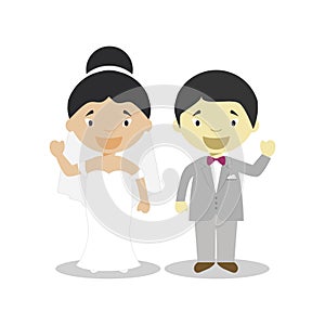 Oriental mestizo bride and oriental bridegroom Interracial newlywed couple in cartoon style Vector illustration photo