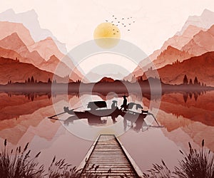 Oriental mountain landscape illustration, with setting sun and mist in valley. Two boats with fisherman on lake