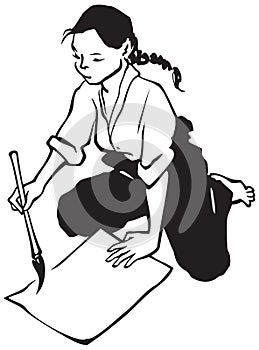 Oriental painting and calligraphy, girl with ink brush photo
