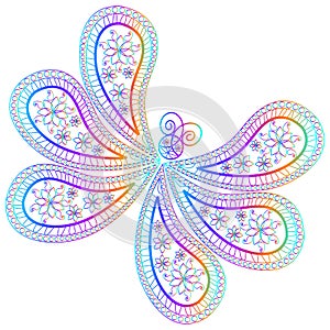 Oriental paisley pattern. Ornament in the form of a butterfly in multi-colored psychedelic colors on a white background. Stylized