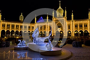 Oriental palace by night in Tivoli Gardens, Copenhagen.