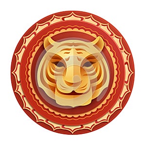 Oriental paper graphic craft art of golden Tiger symbol on circle layers border. Isolated
