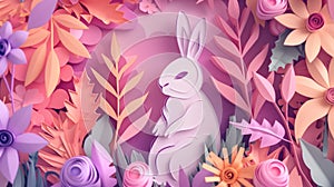 oriental, paper quilling of rabbit in environment, bright, intricately designed, 3d