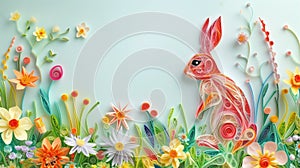 oriental, paper quilling of rabbit in environment, bright, intricately designed, 3d