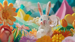 oriental, paper quilling of rabbit in environment, bright, intricately designed, 3d