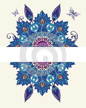 Oriental round floral paisley pattern with peacock feathers