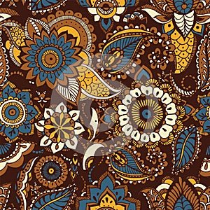 Oriental seamless pattern with ethnic buta motifs and Persian floral mehndi elements on brown background. Motley