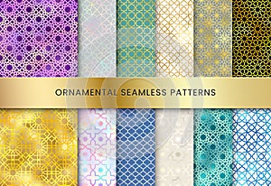 Oriental seamless patterns set. Vector shiny gold, green, holographic, blue authentic Arabian style ornaments collection