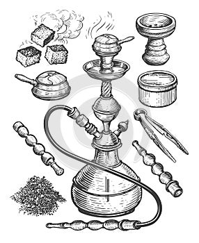 Oriental smoking hookah and set of accessories. Hand drawn nargile, shisha sketch isolated. Vintage illustration