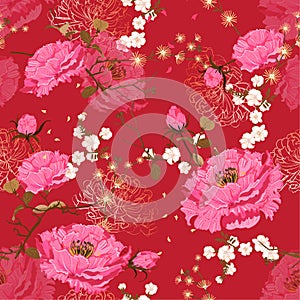 Oriental Soft and gentel pink bloom Vector seamless floral pattern. Chinese national flower peony and cherry bloosom .