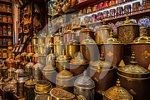 An oriental store filled with lots of different types of jars with nuts, seets and seeds. AI generative image