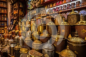An oriental store filled with lots of different types of jars with nuts, seets and seeds. AI generative image photo