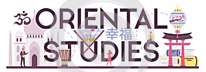 Oriental studies typographic header. Professonal scientist studying photo