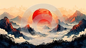 In oriental style, abstract landscape features Japanese wave pattern modern.