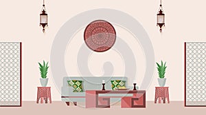 Oriental style decorated living room. Vector flat illustration of Arabian or Indian style designed room.