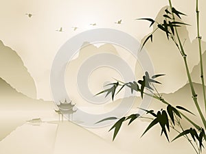 Oriental style painting, Bamboo in tranquil scene photo