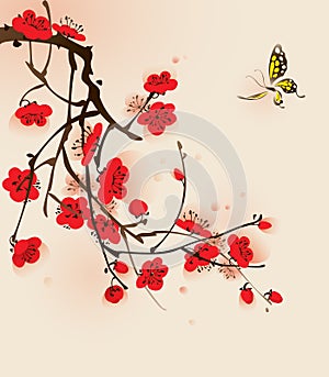 Oriental style painting, plum blossom in spring