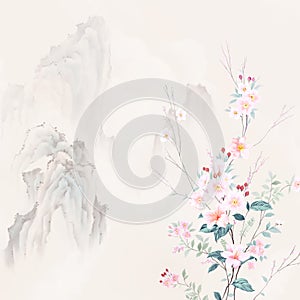 Oriental style painting, plum blossom in spring with hills background