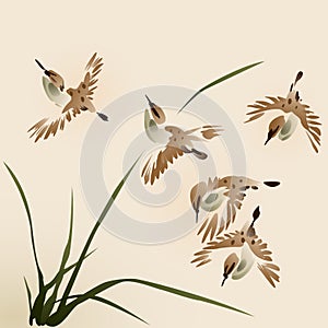 Oriental style painting, sparrows photo