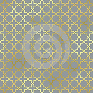 Oriental style seamless pattern. Vector foil gold ornament on grey background. Islamic traditional texture for