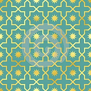 Oriental style seamless pattern. Vector gold foil ornament on green background. Islamic traditional texture for