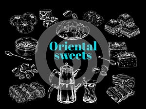 Oriental sweet desserts collection, retro hand drawn vector illustration.