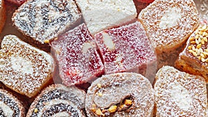 Oriental sweetness handmade Turkish delight. Background. Copy space