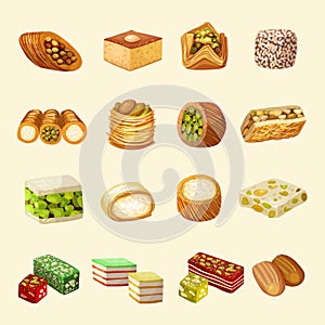Oriental sweets. Baklava and rahat lakoum traditional arabic products recent vector pictures set