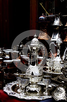 Oriental tea set made of glass and silver.