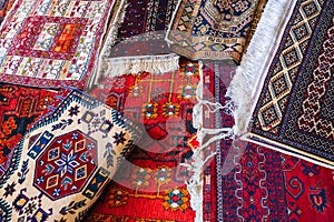 oriental Turkish handmade colorful carpets at bazaar in Turkey in Istanbul