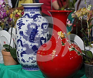 Oriental vases on display.