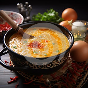Oriental warmth Chinese egg drop soup with chili, displayed traditionally