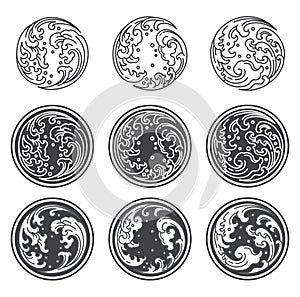 Oriental water wave.Yin Yan icon. Japanese. Thai. Round shape.