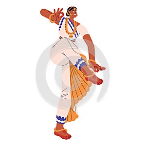 Oriental woman dancing traditional indian dance. Dancer perform in national costume. Performer standing in kuchipudi