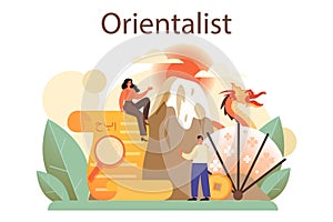 Orientalist concept. Professional scientist researching near and far