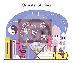Orientalist concept. Professonal scientist studying near and far