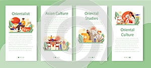 Orientalist mobile application banner set. Professional scientist researching