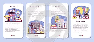 Orientalist mobile application banner set. Professonal scientist photo