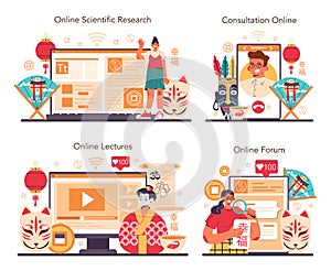 Orientalist online service or platform set. Scientist researching near
