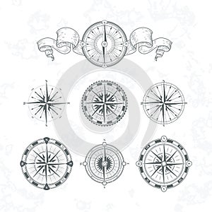 Orientation antique compas in vintage style. Vector monochrome illustrations set