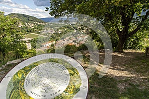 Orientation table above the town of Serres with a map of Serres in Baronnies, Southern France