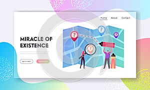 Orienteering, Cartography or Topography, Route Landing Page Template. Tiny Characters Get Directions on Huge Map