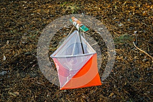 Orienteering. Control point Prism and composter for orienteering in the autumn forest. The concept