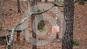 Orienteering. View of Checkpoint Prism and compost electronic and mechanical for orienteering in the autumn forest. Sports