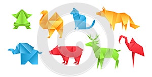 Origami animals different paper toys set frog, camel, bear, cat, deer, elephant, flamingo, wolf cartoon geometric game toys