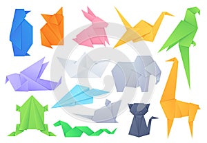 Origami animals. Geometric folded shapes for japanese game paper boat and plane, crane, birds, cat, elephant and rabbit