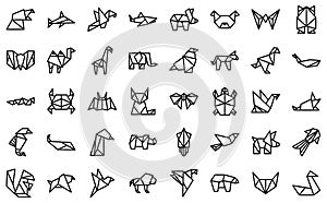 Origami animals icons set outline vector. Paper fish